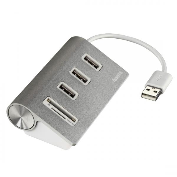 Hub USB 2.0 1:4 Plateado Lector SD/MicroSD Hama